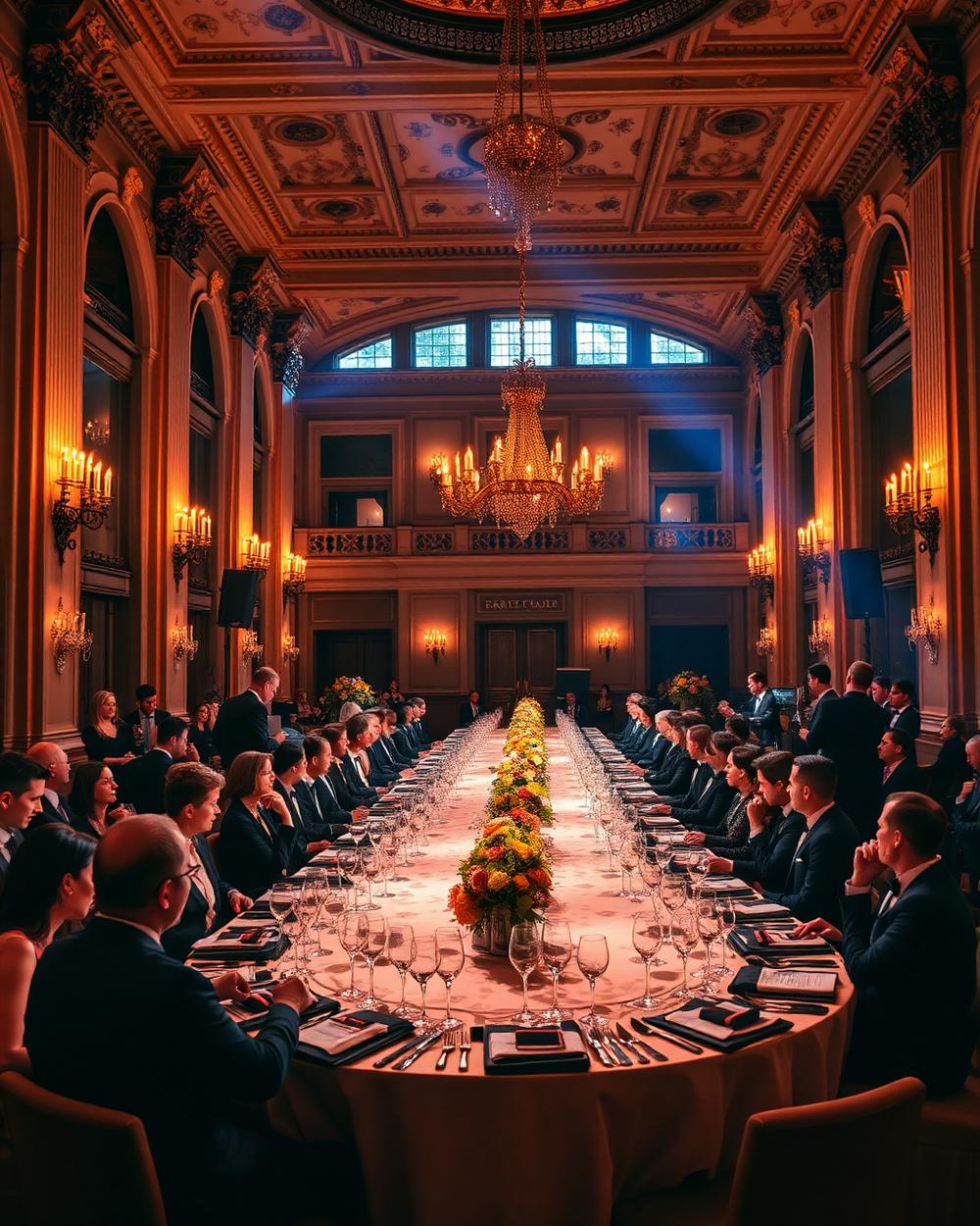 Black tie vállalati gálavacsora egy európai díszteremben